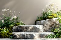 Natural stone steps surrounded by delicate white wildflowers and green moss create serene garden scene with soft sunlight casting gentle shadows.