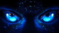 Glowing blue eyes with digital particle effect emerging from darkness, creating mysterious and futuristic appearance against black background.