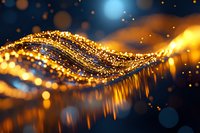 Glowing golden wave with sparkling particles flowing on dark background, creating magical light effect with bokeh and reflections. Abstract luxury design element.