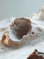 Macro close-up of a textured sandy rock formation with a hollow crater, warm beige and brown tones on a light background.
