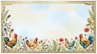 Vintage rooster and hen illustration with wildflowers, ferns, and ornate gold frame border. Farmyard poultry design suitable for rustic home decor, greeting cards, and fabric prints.