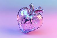 Anatomical glass heart with arteries and veins on gradient pink and purple background. Translucent medical organ model with iridescent reflections and soft lighting.