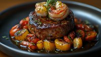 Grilled beef tenderloin topped with seared shrimp, served with roasted cherry tomatoes and golden potatoes in herb sauce on dark plate, fine dining presentation.