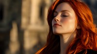 Young woman with flowing red hair in golden sunlight, eyes closed peacefully against warm sunset glow, showing natural beauty and serenity in outdoor portrait.