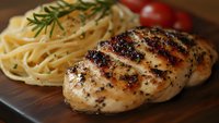 Grilled chicken breast with herbs and spices served alongside buttery linguine pasta and cherry tomatoes on wooden cutting board, close up food photography.