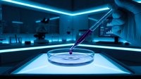 Pipette dispensing purple liquid into petri dish in modern laboratory with neon blue lighting and scientific equipment in background.