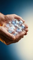 Hands holding transparent sphere with digital technology icons and data symbols, representing innovation, business solutions, and digital transformation concepts.