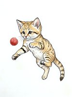 Playful tabby kitten with orange and brown stripes jumping to catch a red ball, isolated on white background for design projects and merchandise applications.
