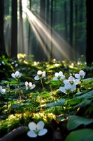Sunbeams pierce through misty forest canopy illuminating delicate white wood anemones blooming among green moss, creating magical spring woodland atmosphere.