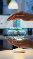 Hand holding glowing digital sphere with personal boundaries text, representing digital wellness, mental health awareness, and self-care in modern technology environment.