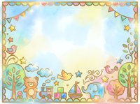 Watercolor nursery border frame with toys, stars, clouds, and trees on isolated white background, ready for baby shower invitations, greeting cards, and children's design projects.