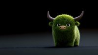 Cute furry green monster character with horns and big eyes on dark background. Fantasy creature design for children's books and animation projects.