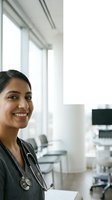 Smiling female doctor with stethoscope in modern hospital room with medical equipment and large windows for healthcare and medical profession concepts.