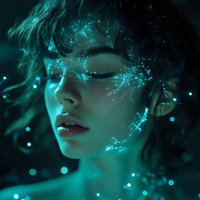 Young Asian woman with closed eyes surrounded by magical turquoise light effects and glowing particles creating ethereal fantasy atmosphere for creative projects.