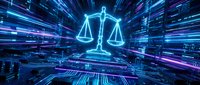 Digital justice scales glowing in futuristic cyber space with neon light trails and data streams for legal technology and law firm concepts.