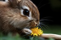 Close up macro shot of brown rabbit sniffing yellow dandelion flower against dark blurred background, showing detailed fur texture and whiskers in natural lighting.