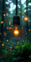 Glowing lightbulb in magical forest setting with digital smart home icons and bokeh lights, surrounded by green foliage and floating technology symbols.