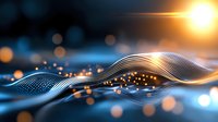 Abstract flowing metallic wave structure with glowing orange light particles and bokeh effect on dark background, modern futuristic technology concept.