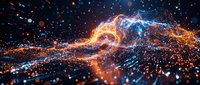 Abstract digital energy waves with glowing particles flowing in orange and blue tones against dark background. Suitable for technology, science, and digital design projects.