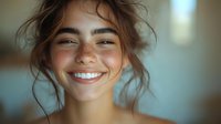 Young Caucasian woman with freckles and messy updo hairstyle showing genuine bright smile against blurred background. Natural beauty and happiness concept for wellness and lifestyle.