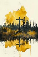 Watercolor cross silhouette reflected in calm lake with golden sunset sky and evergreen forest landscape for spiritual and religious themes.