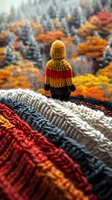 Person in knitted winter clothing standing on colorful knitted texture against autumn forest background with orange foliage and evergreen trees in soft focus.
