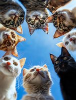 Curious cats looking down at camera in circle formation against blue sky background, creating playful and engaging perspective for pet photography and social media.