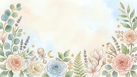 Watercolor floral border with roses, lavender, and eucalyptus leaves arranged around cream background with celestial moon and star accents, isolated design element for invitations and stationery.