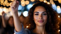 Young African American woman with curly hair smiling at night, illuminated by warm bokeh lights in background. Natural makeup and confident expression creates festive mood.