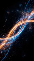 Abstract cosmic energy waves flowing through deep space with glowing orange and blue light trails against starry galaxy background for digital art projects.