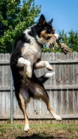 Australian shepherd dog jumping high to catch rope toy in backyard with wooden fence on sunny day for active pet play and exercise training.