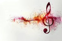 Red treble clef with explosive watercolor splash effect on white background, dynamic musical symbol with orange and burgundy paint splatters and artistic ink drops.