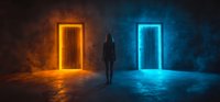 Silhouette of person standing between glowing orange and blue doorways in dark smoky room, concept of choice and decision making.