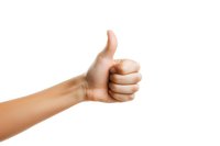 Thumbs up hand gesture showing approval and positive feedback on white background, isolated cutout for business and social media design projects.