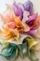 Abstract floral composition with delicate fabric petals in pastel rainbow colors featuring purple, orange, yellow and green tones creating soft flowing shapes.