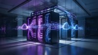 Futuristic data center server room with glowing purple and blue holographic displays in glass enclosure for technology concepts.