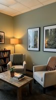 Cozy reading corner with comfortable armchairs, wooden coffee table, bookshelf and nature artwork in warm green office or therapy room interior.