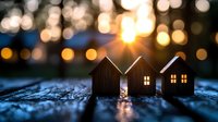Miniature wooden houses silhouetted against glowing bokeh lights at dusk create magical atmosphere. Cozy neighborhood concept with warm evening illumination.