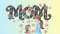 Mother and daughter holding hands with decorative floral MOM lettering, hearts and butterflies on pastel background for Mother's Day celebration.