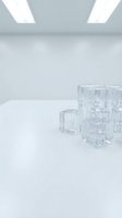 Transparent ice cubes stacked on white surface in minimalist studio with bright overhead lighting, suitable for beverage, refreshment and product advertising campaigns.