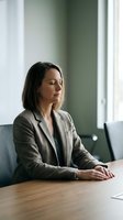 Professional businesswoman with closed eyes practicing mindfulness meditation at office desk during work break for stress relief and mental wellness.