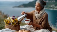 Mature woman with gray hair enjoying tea outdoors, pouring from thermos while overlooking scenic lake and mountains. Basket of wildflowers nearby.