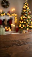 Blurred Christmas living room with bokeh lights from decorated tree and fireplace, wooden table surface in foreground for product display.