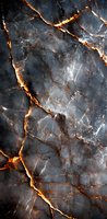 Dark marble texture with glowing golden cracks and veins creating dramatic contrast on polished stone surface. Luxury material background for interior design.