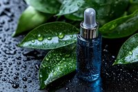 Blue serum dropper bottle with fresh green leaves and water droplets on dark surface for natural skincare and beauty products.