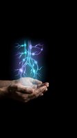 Hands holding glowing neon neural network with electric blue and purple lightning branches on black background. Concept for artificial intelligence, technology innovation, and digital transformation.