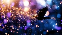 Majestic black raven soaring through mystical night sky filled with glowing purple and gold bokeh lights, magical sparkles, and ethereal atmosphere.