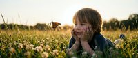 Young blonde boy lying in meadow grass during golden hour sunset, resting chin on hands with peaceful expression in natural outdoor setting.