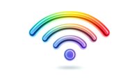 Colorful rainbow gradient wifi symbol with neon glow effect on white background, modern wireless technology concept for digital connectivity designs.