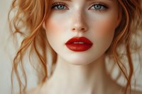Young Caucasian woman with wavy blonde hair and striking red lipstick showcasing glamorous makeup and beauty styling for cosmetic advertising campaigns.